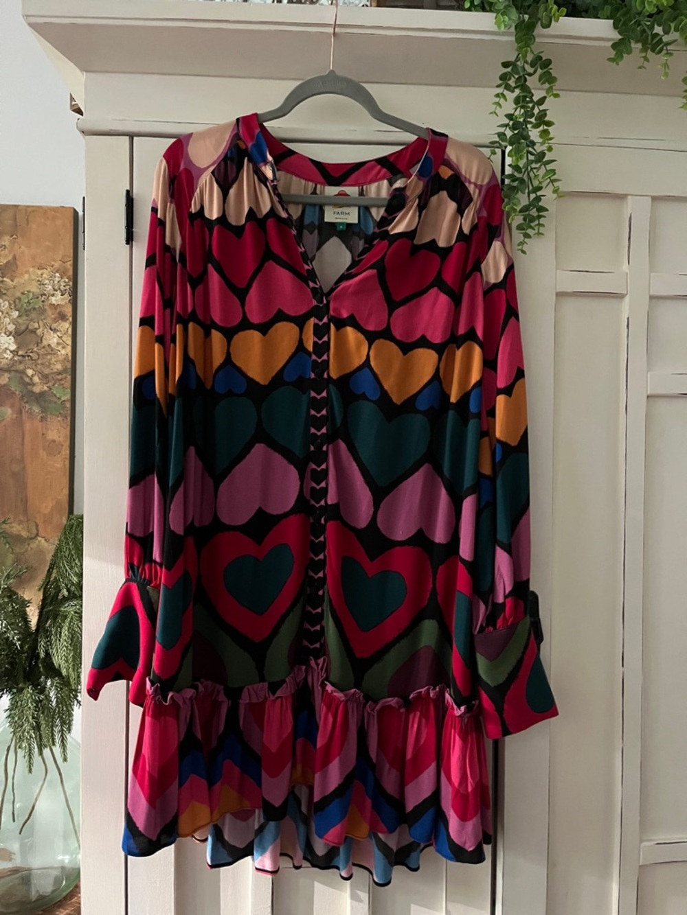 FARM Rio Multi-Color Heart Print Ruffle Hem Tunic Dress Small Excellent